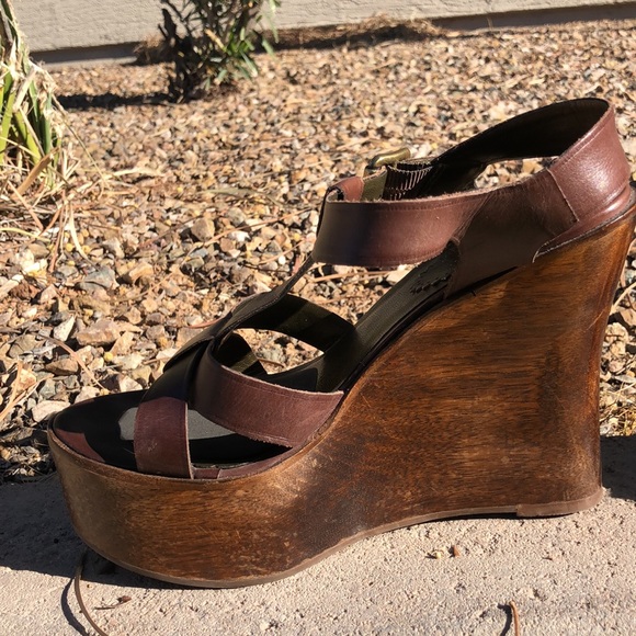 Brown Leather Aldo Wooden Platform Wedge Heeled Sandals!! Size 39 or 8.5 - Picture 6 of 16